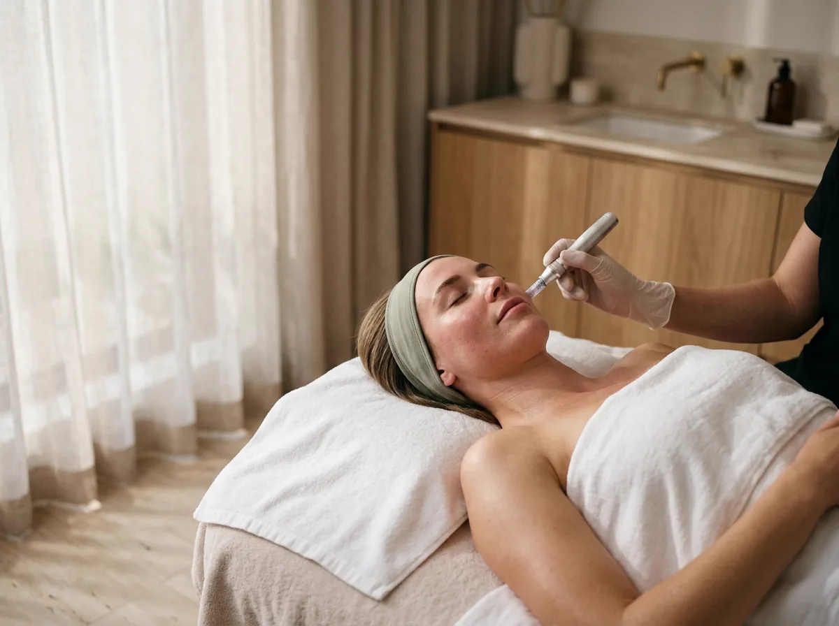 Rodillo de microneedling con microagujas de titanio sobre un paño estéril junto a un plato de sérum.